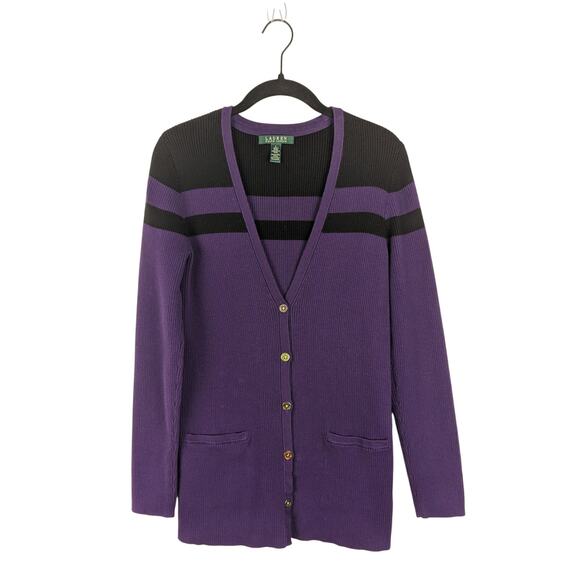 Lauren Ralph Lauren Purple and Black V-Neck‎ Ribbed Cardigan Size Large Academia - Picture 1 of 8